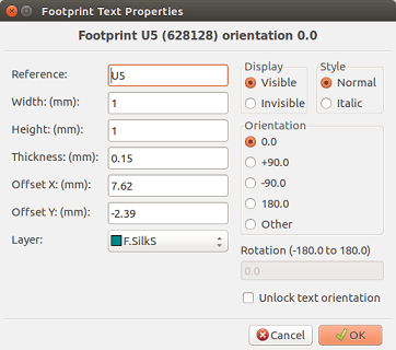 Modedit footprint text properties