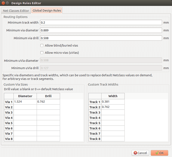 Pcbnew design rules editor global tab