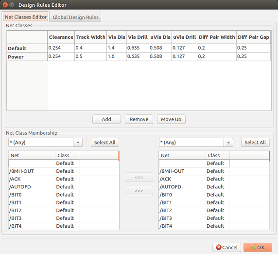 Pcbnew design rules editor netclass tab