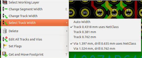 Pcbnew track context menu