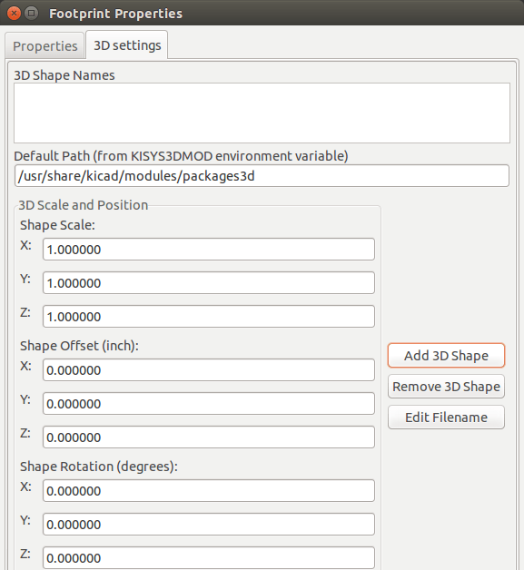 Footprint properties, 3D settings