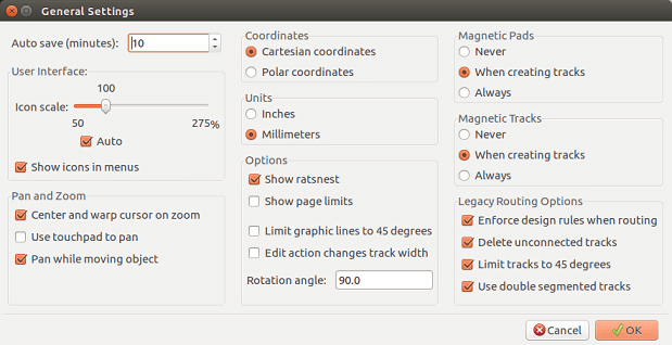 Pcbnew general options dialog