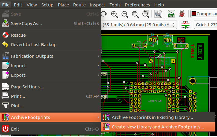 Pcbnew archive footprints menu