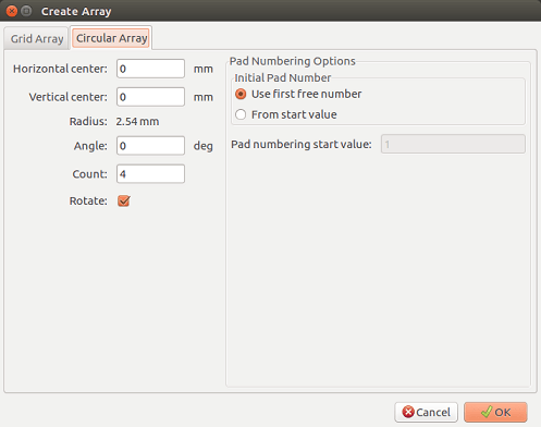 Pcbnew array dialog circular