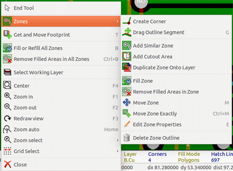 Pcbnew zone context menu