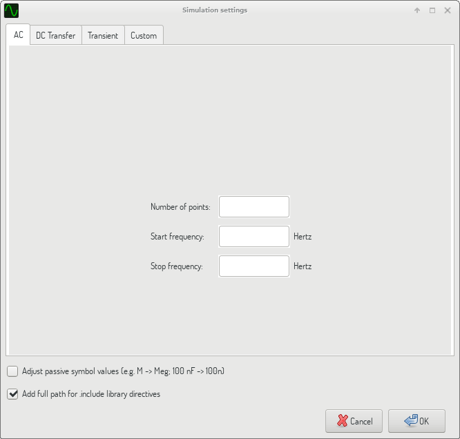 Simulation settings dialog