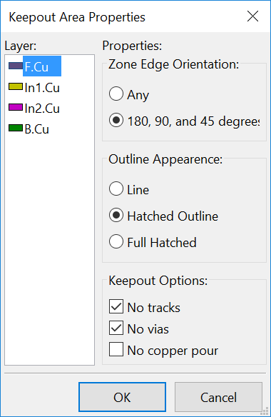 Pcbnew keepout area properties