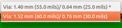 Pcbnew track toolbar via size selection in use