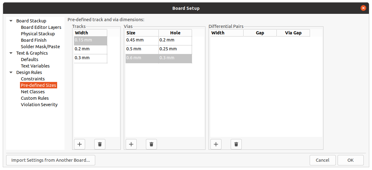 board setup predefined sizes