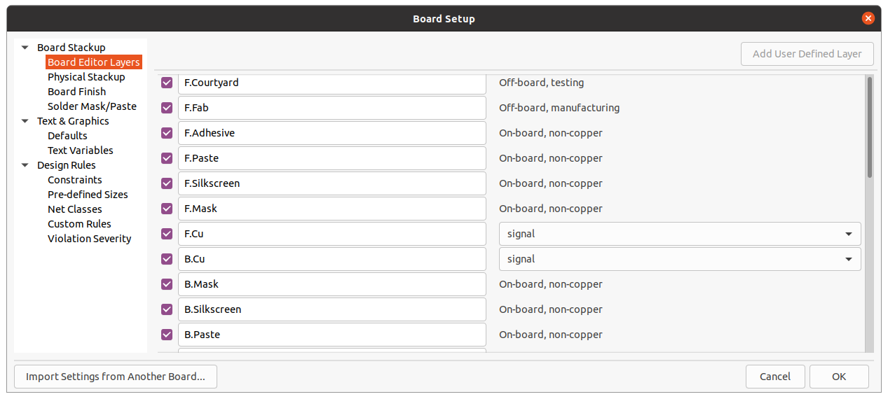 board setup board editor layers