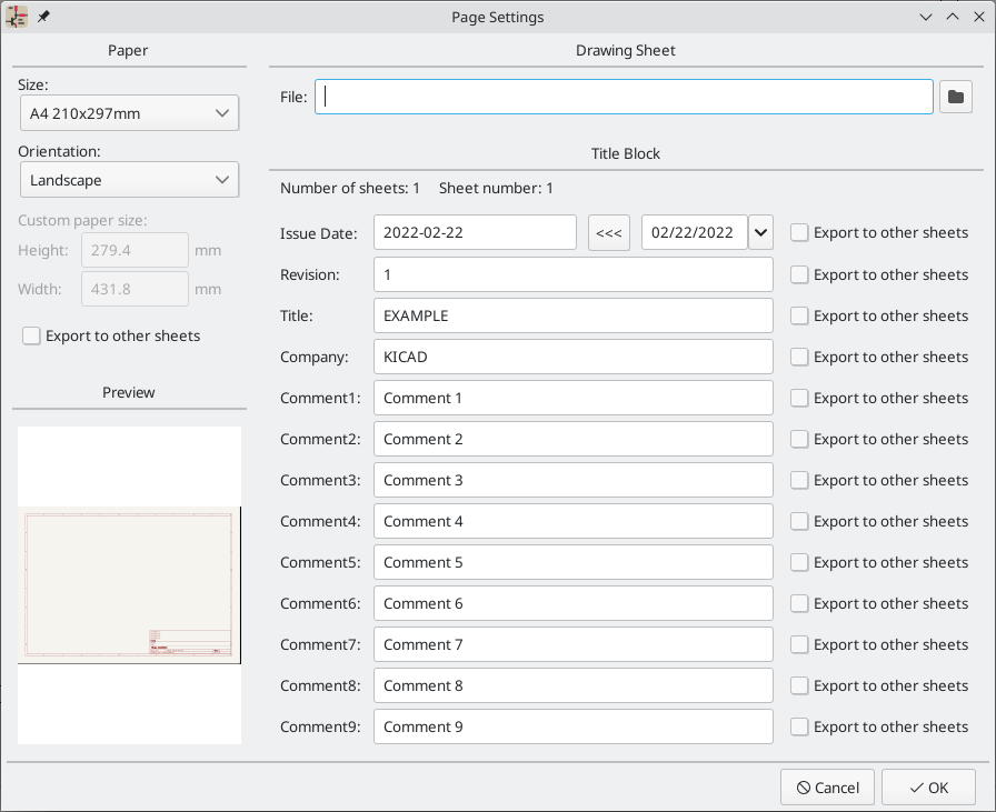 Page settings dialog