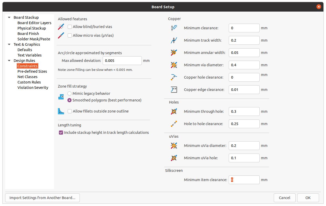 board setup constraints