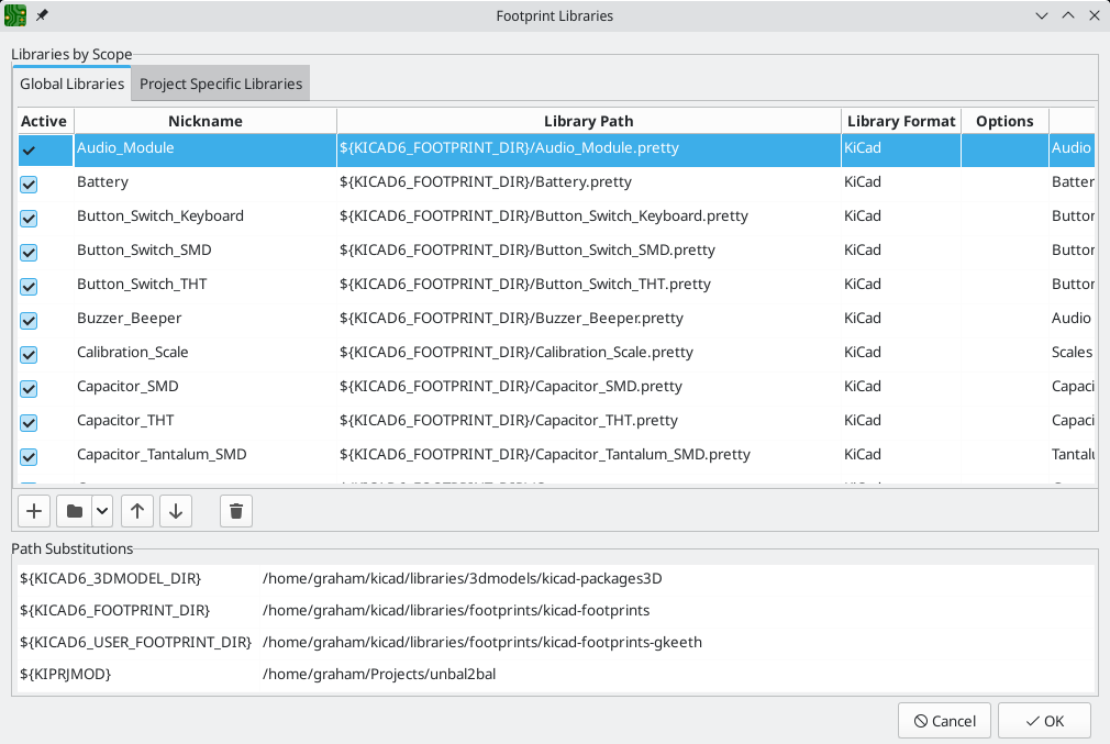 footprint library table dialog