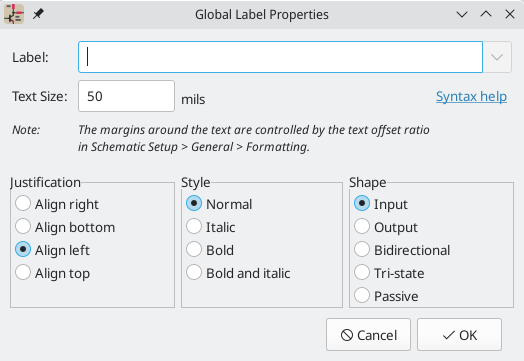 Global Label Properties dialog