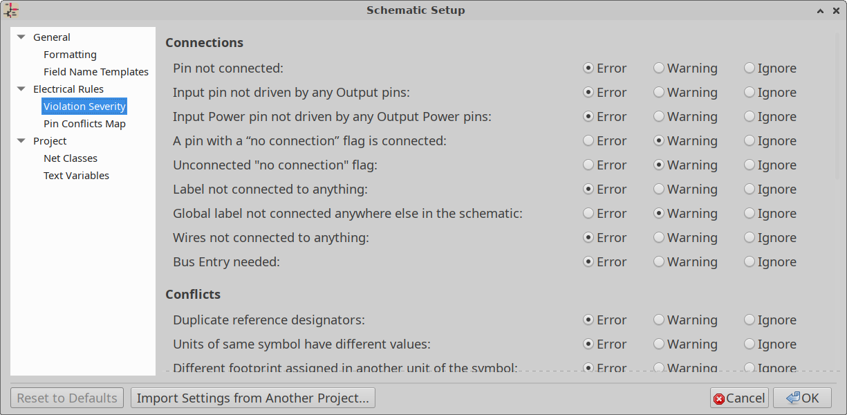 Schematic ERC severity settings