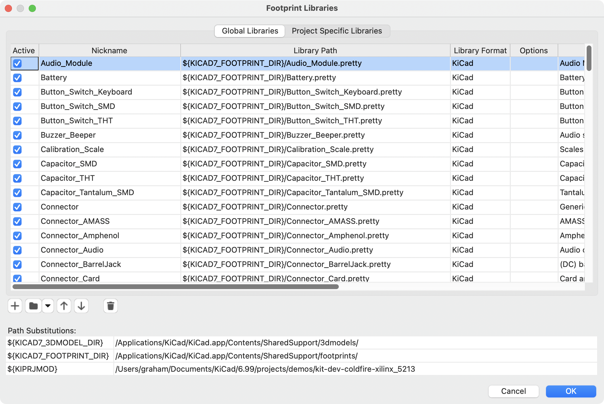 footprint library table dialog