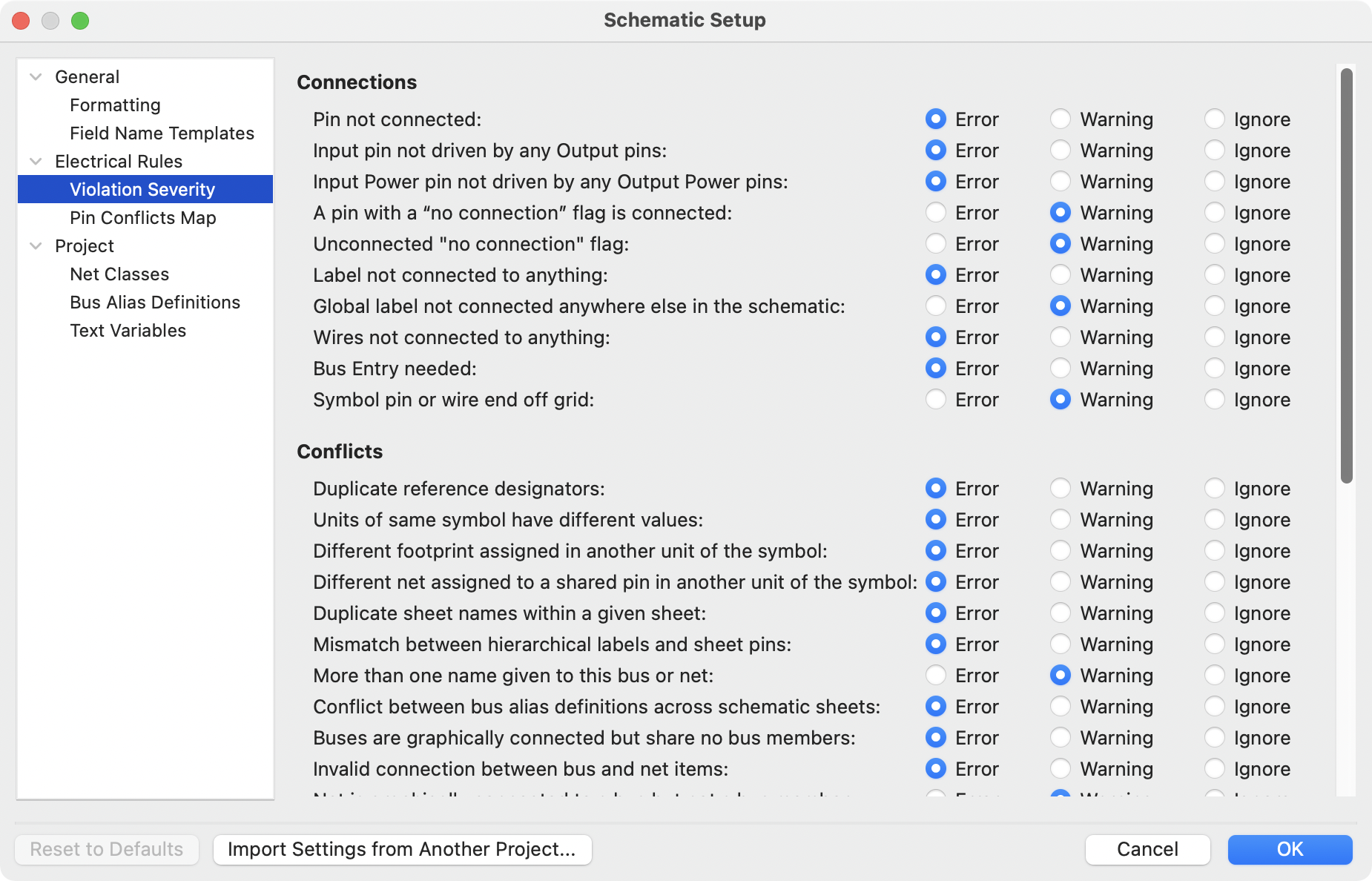 Schematic ERC severity settings