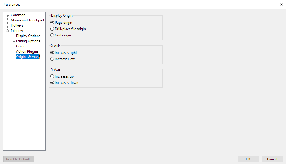 pcbnew preferences origin axes