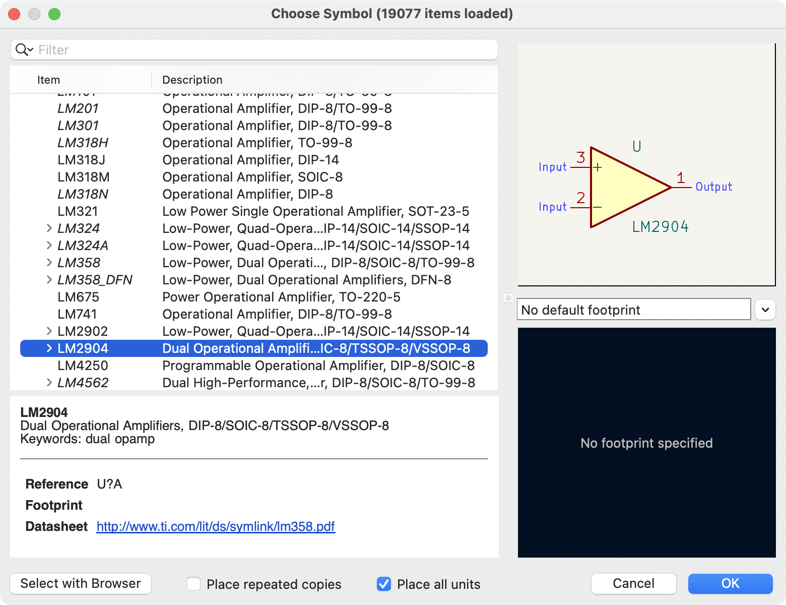 Searching for a symbol in the add a symbol dialog