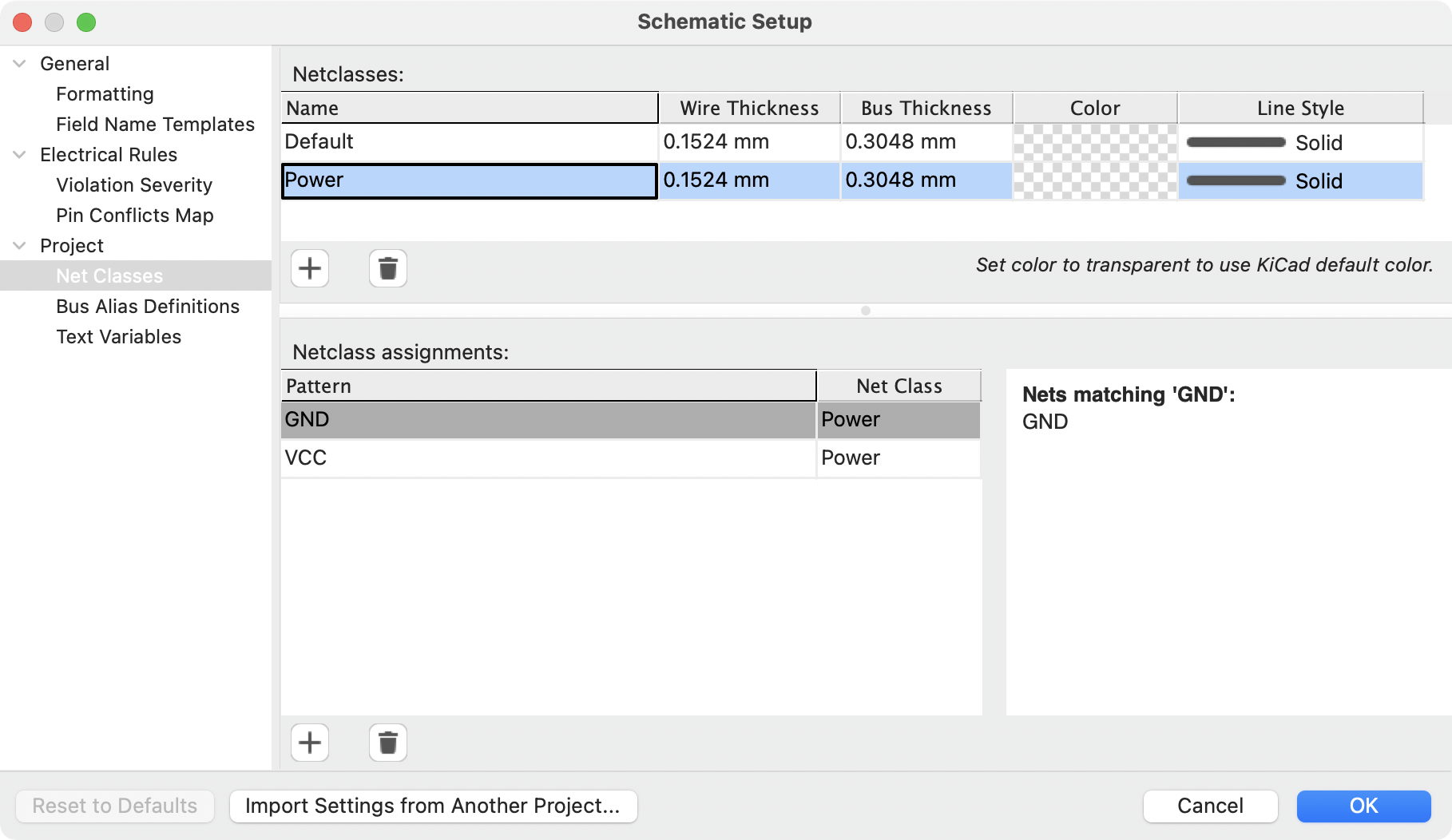 Schematic Setup netclasses panel