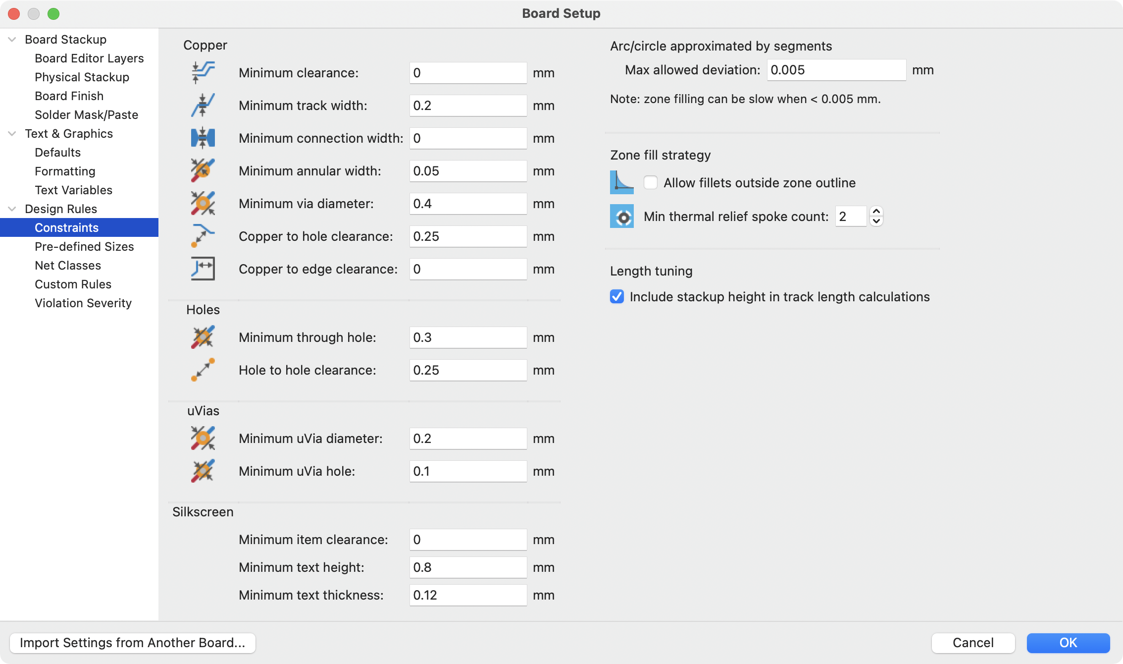 board setup constraints