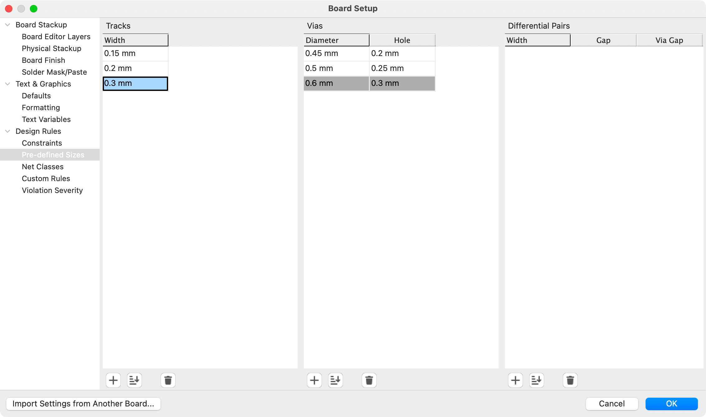 board setup predefined sizes