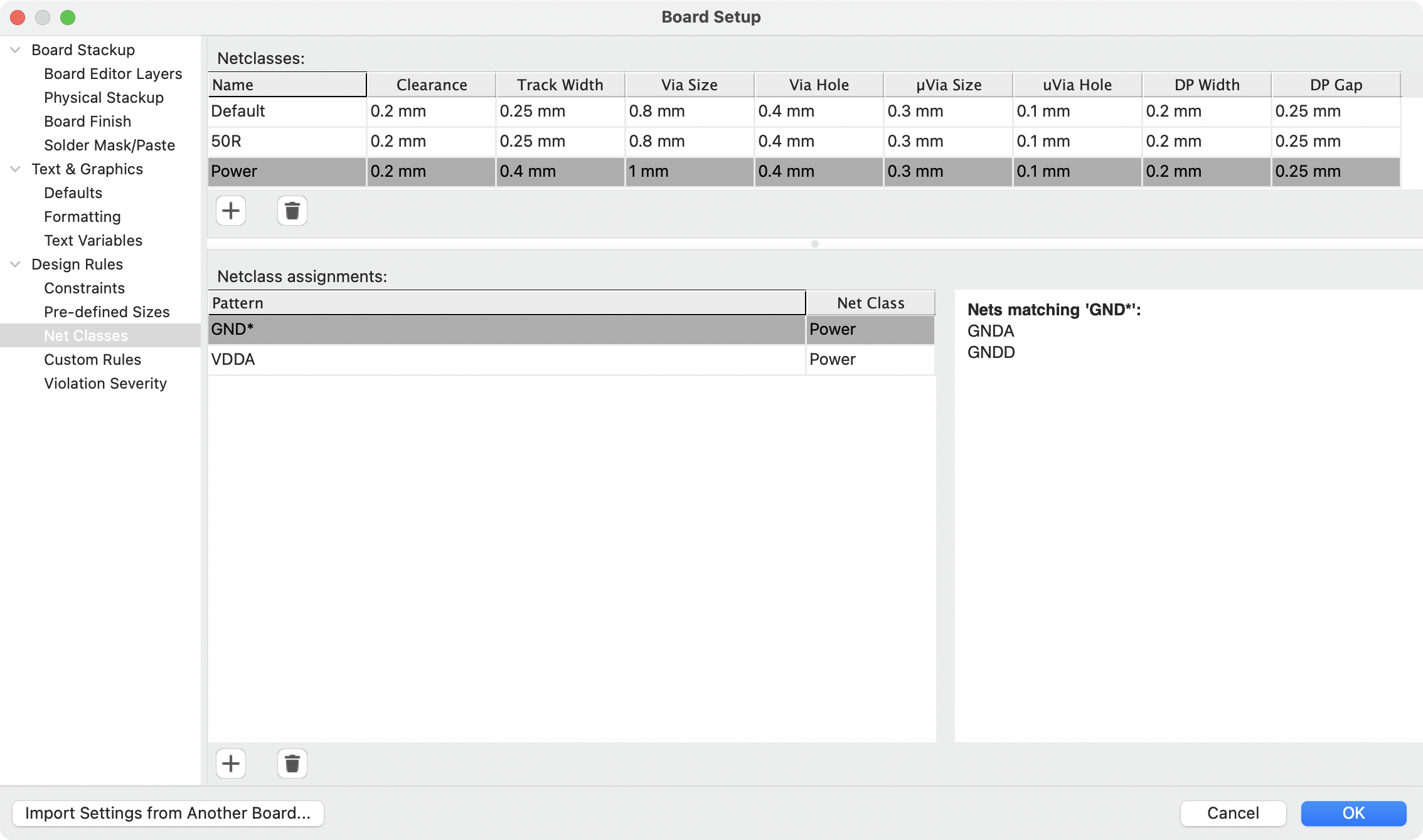 board setup netclasses