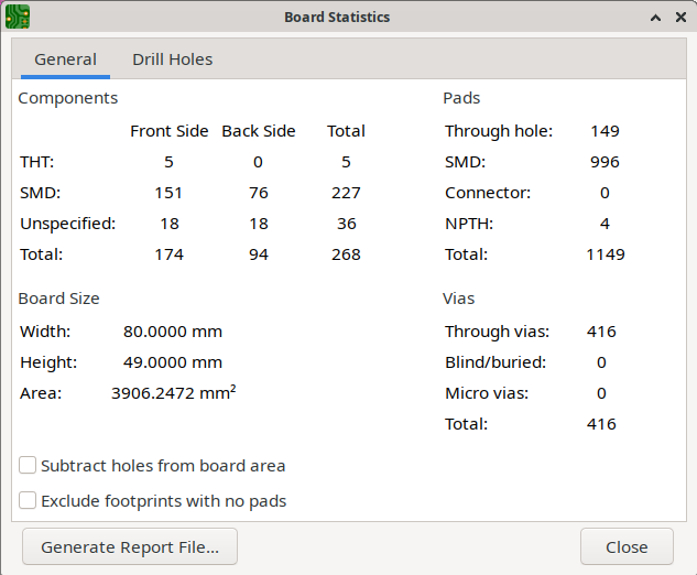 Pcbnew board statistics