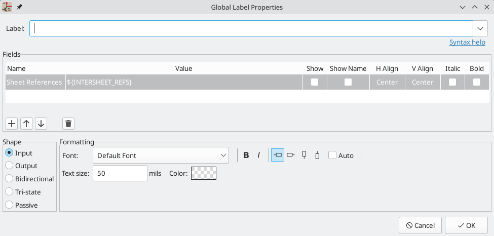 Global Label Properties dialog