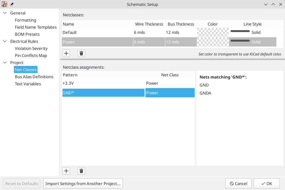 Schematic Setup netclasses panel