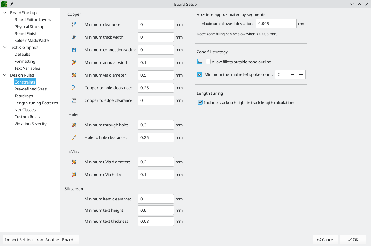 board setup constraints