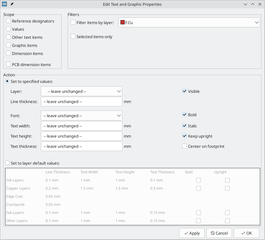 edit text and graphics properties footprint