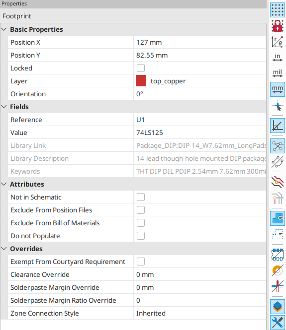 Properties manager showing properties for a footprint