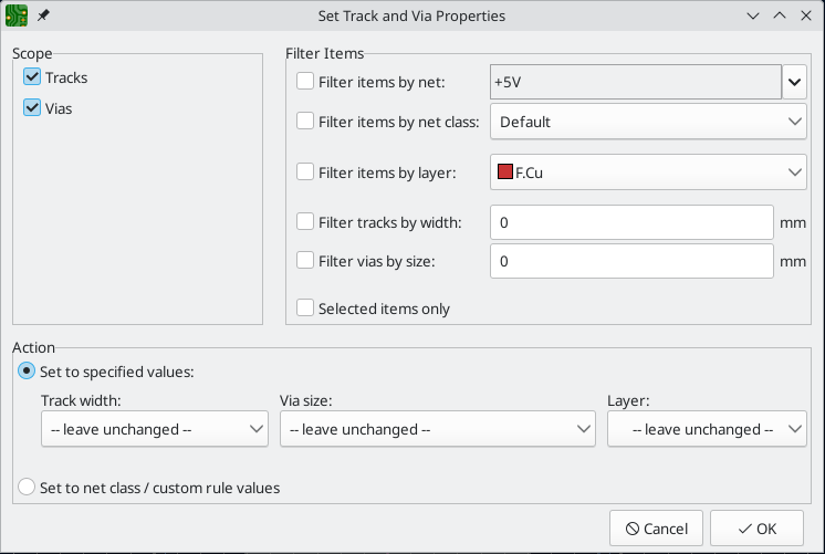 pcbnew edit track and via properties