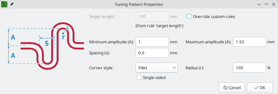 pcbnew length tuning settings