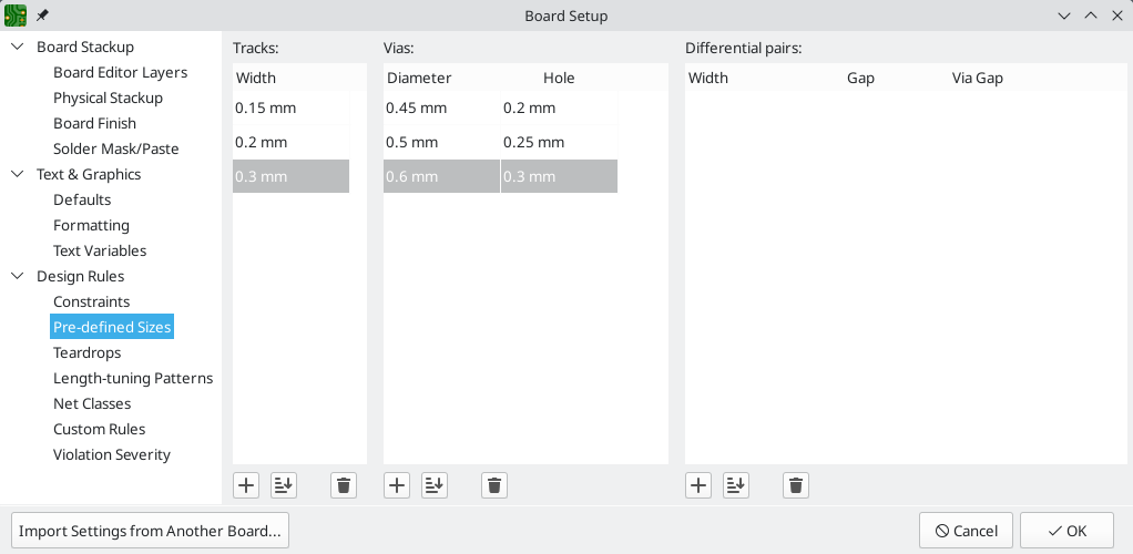 board setup predefined sizes