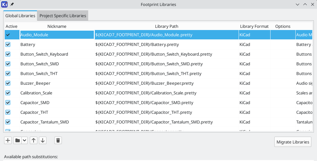 footprint library table dialog