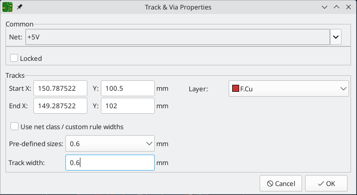 pcbnew track via properties