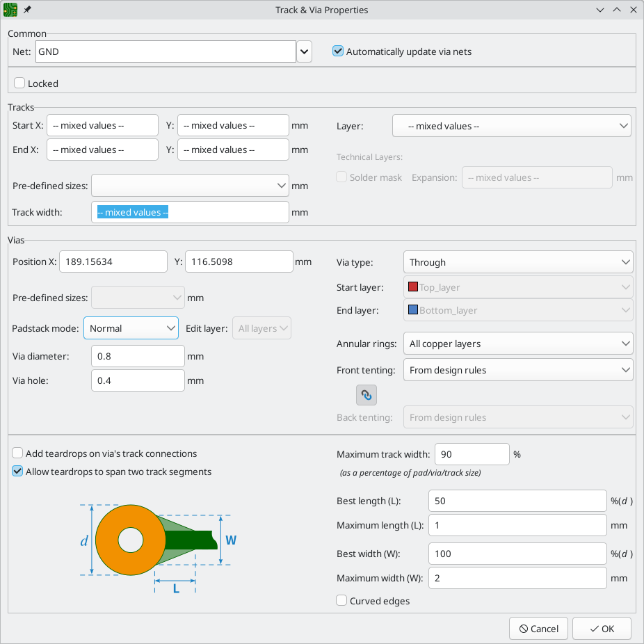 pcbnew track via properties