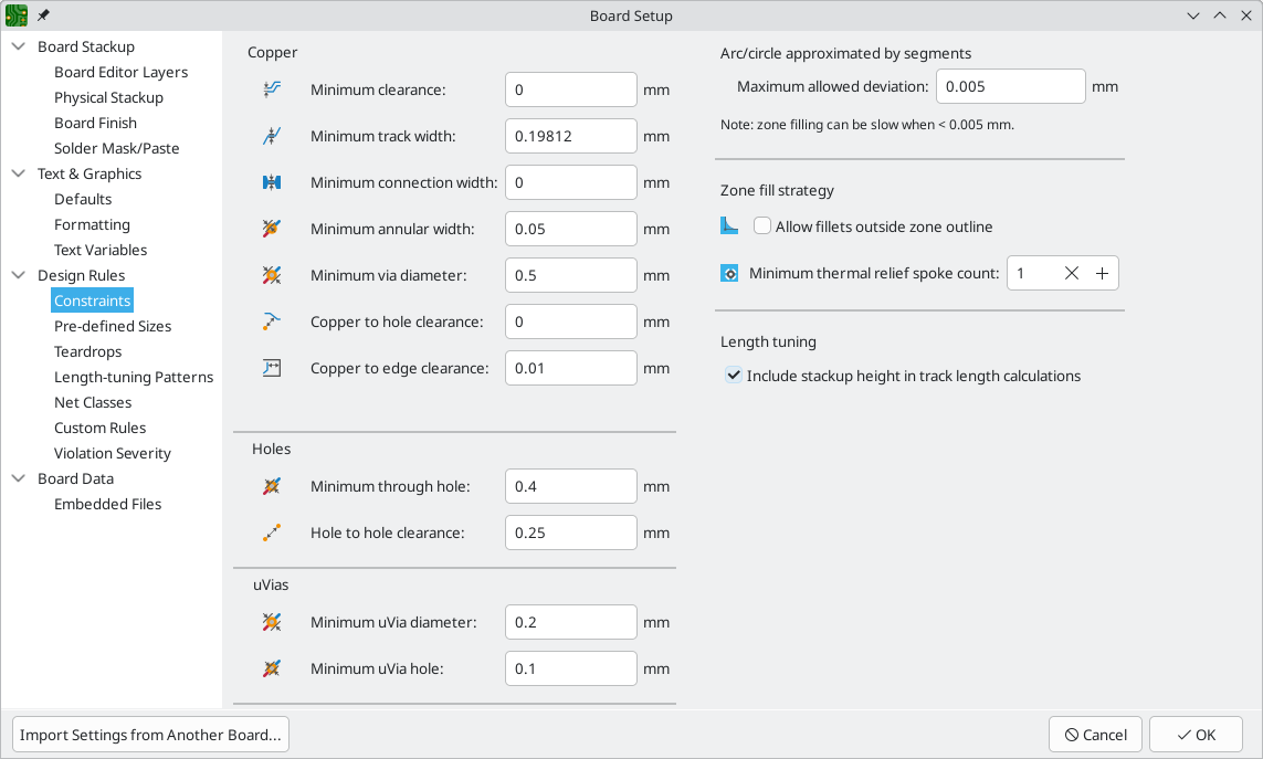 board setup constraints