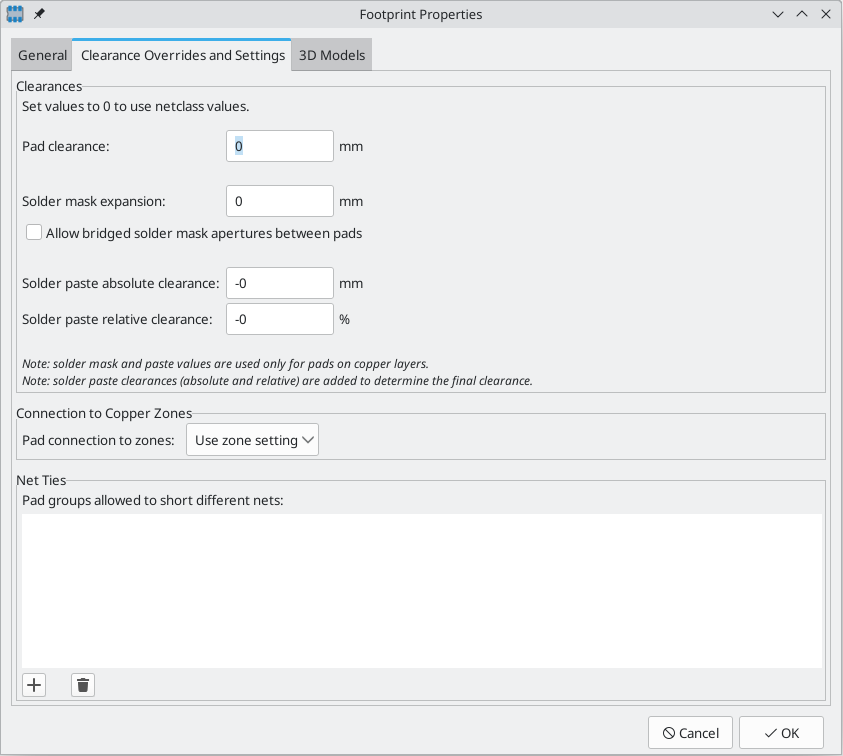 footprint editor properties clearance