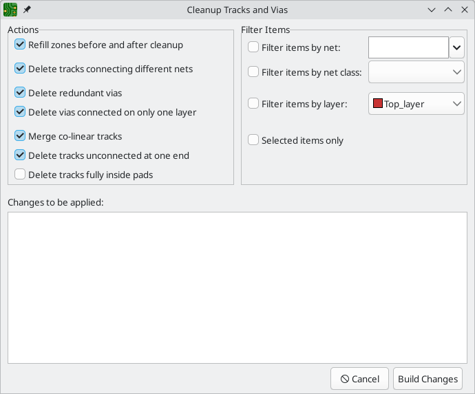 Cleanup Tracks and Vias dialog