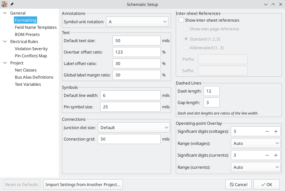 Schematic setup formatting