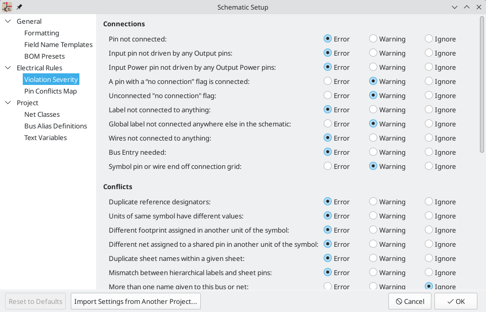 Schematic ERC severity settings