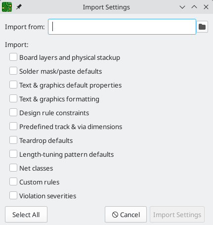 board setup import settings