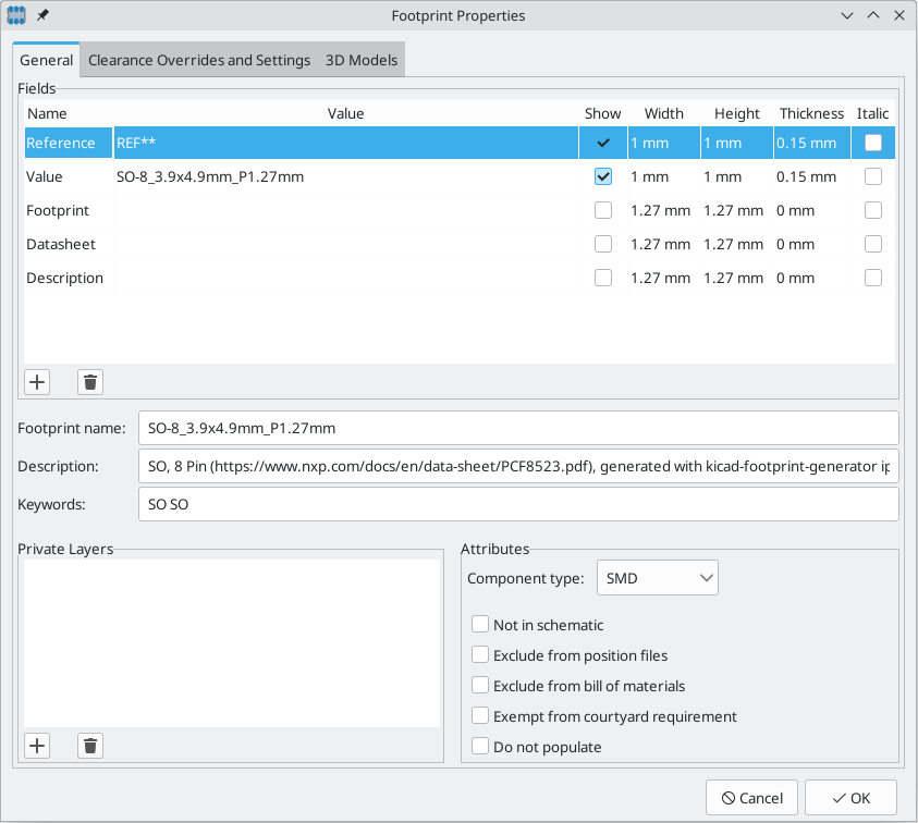 footprint editor properties