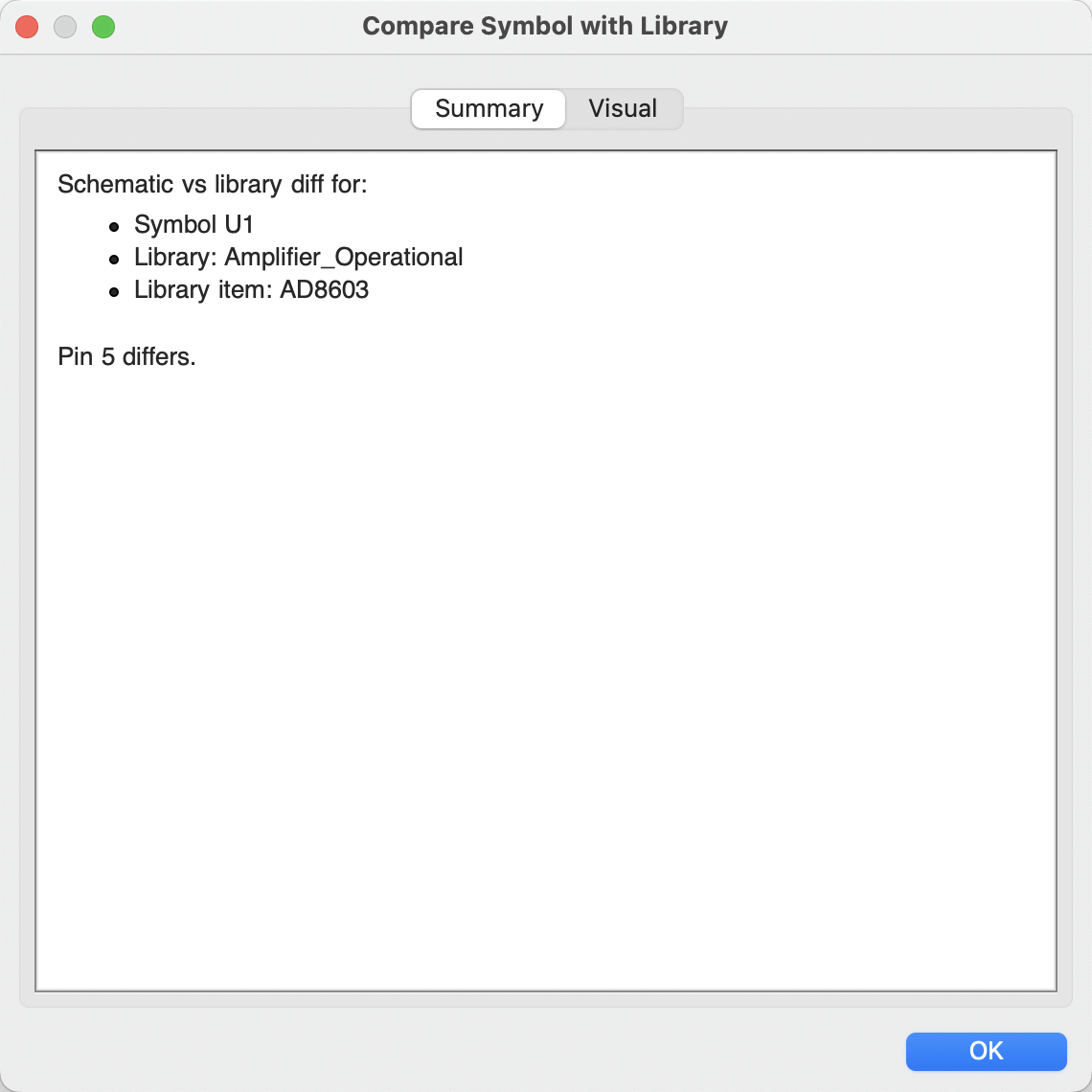 Compare Symbol with Library Summary tab