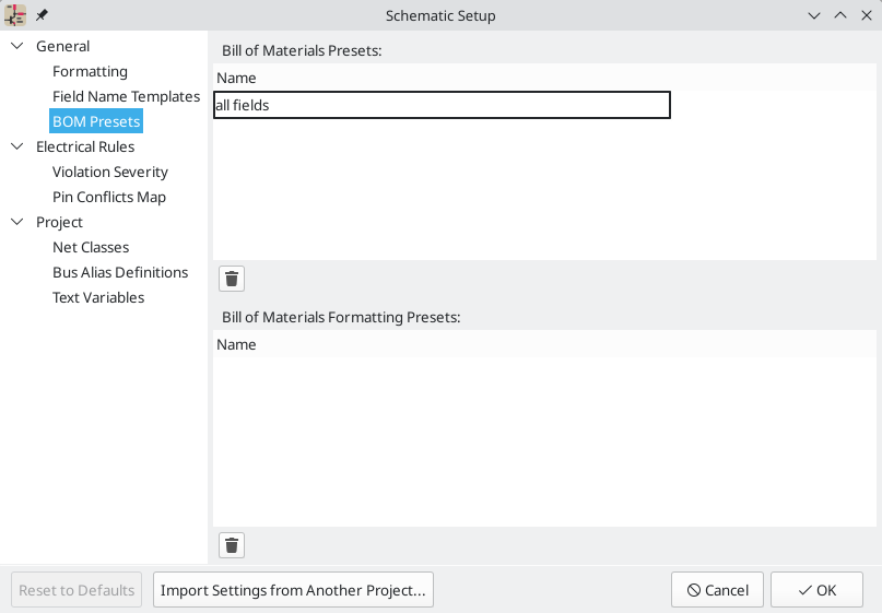 Schematic Setup BOM presets panel