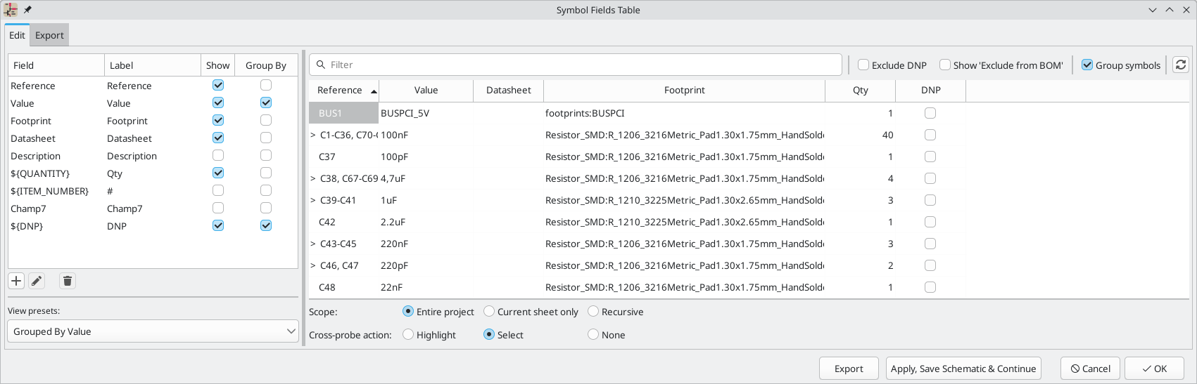 Symbol Fields Table Edit tab