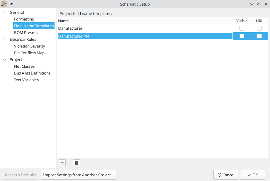 Schematic setup field name templates